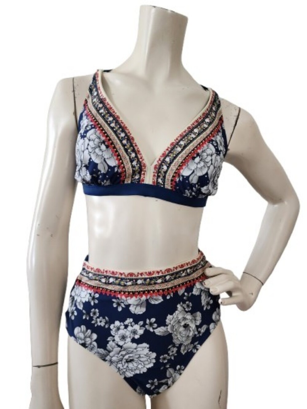 Time & Tru Bikini Swimsuit Top M Bottom S Navy Boho NEW
